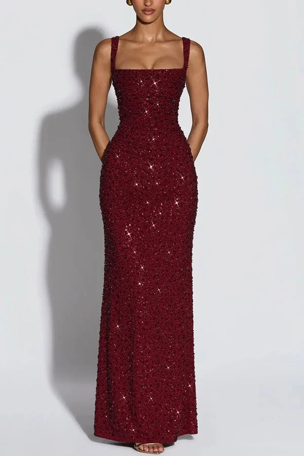 Calanthe Sequin Embellished Chiffon Ruched Square Neck Back Lace-up Maxi Dress