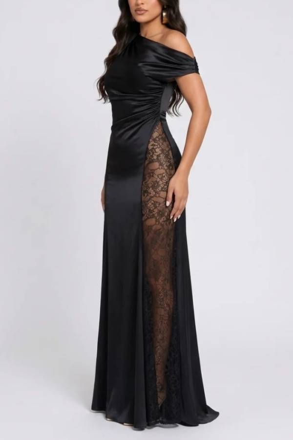 Women's One Shoulder Black Satin Maxi Dress with Sheer Lace Insert Panel