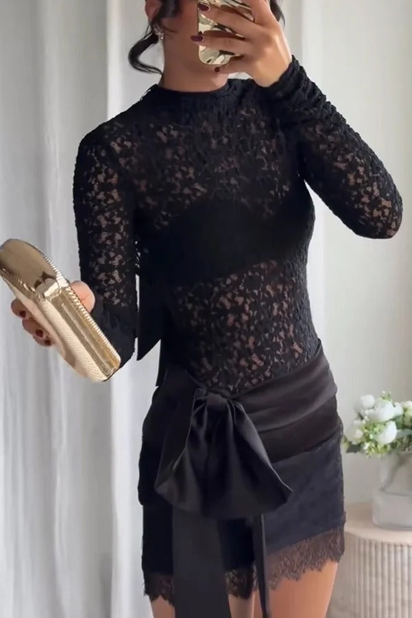 Anna Semi-sheer Lace Long Sleeve Back Bow Tie-up Cutout Stretch Bodysuit