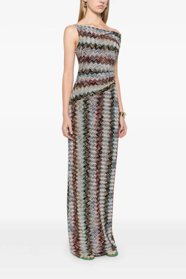Cocktails and Vacation Knit Colorful Zigzag Pattern One Shoulder Slit Maxi Dress