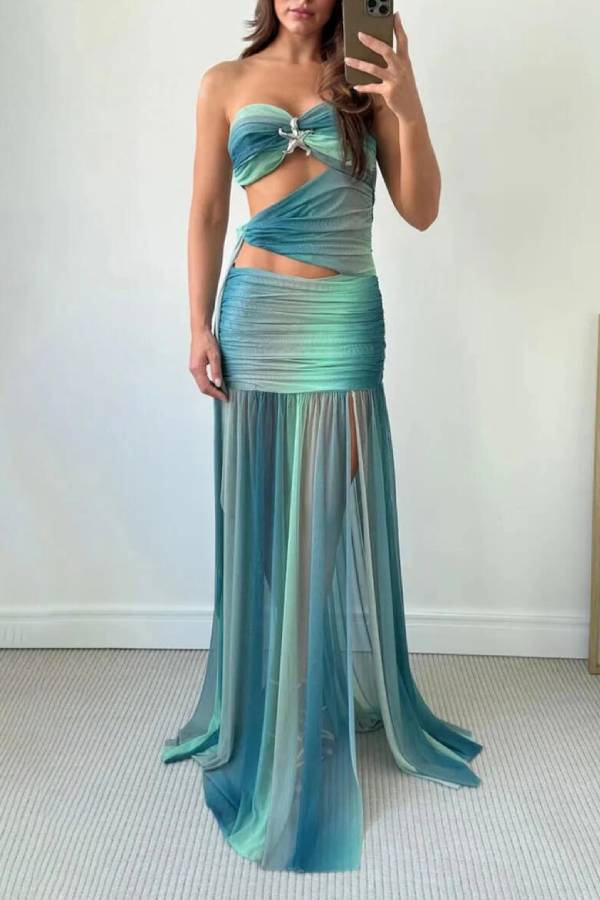 Sexy Printed Side-Slit Draped Maxi Dress
