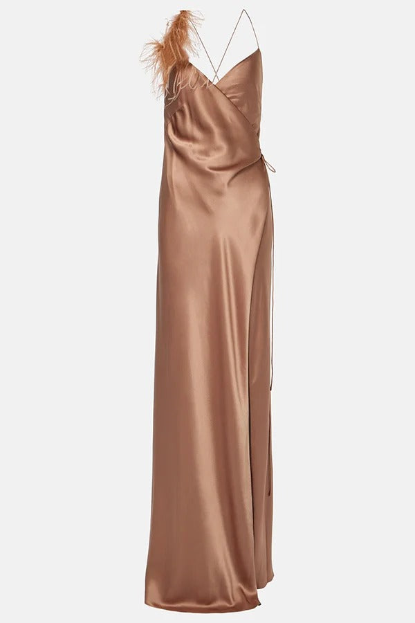 Celebration Night Satin Feather Trim Wrap Tie-up Slit Gown Maxi Dress