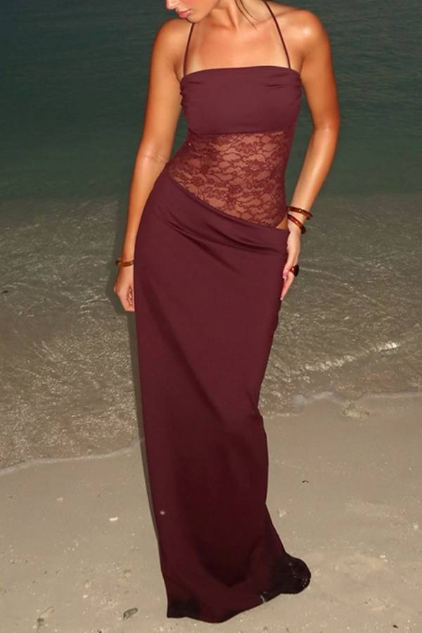 Thin-Strap Strapless Lace Patchwork Slim-Fit Bodycon Long Dress