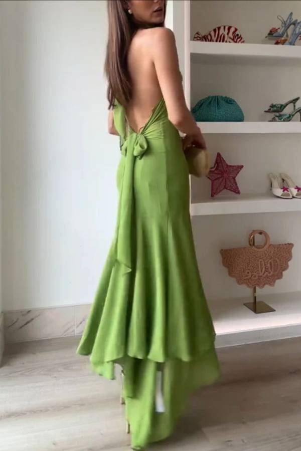 Halter Neck Open-Back Cutout Ruffle Hem Maxi Dress