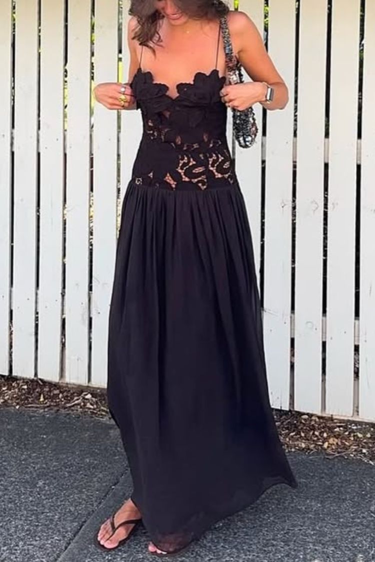 Stephanie Flower Crochet Lace Bust Chiffon Fluffy Hem Maxi Dress