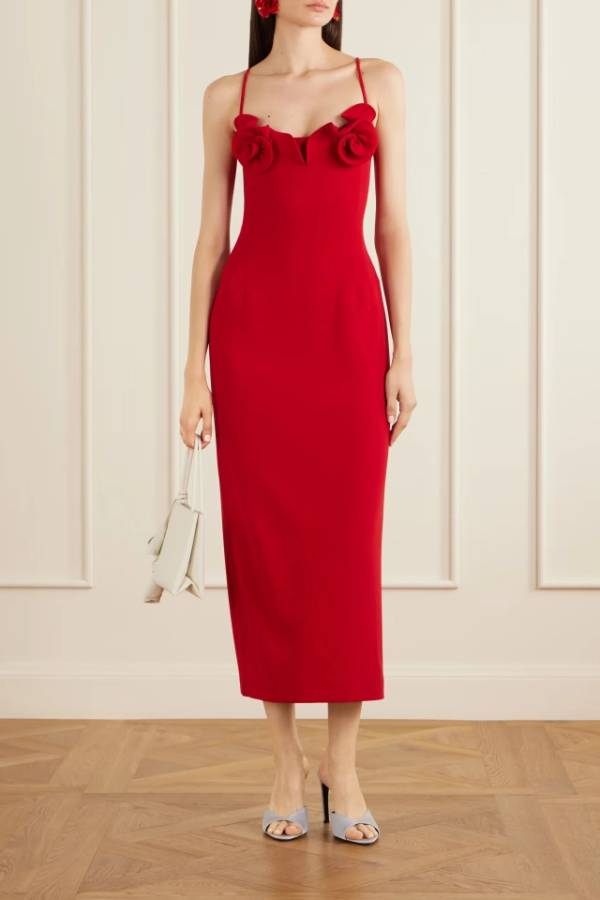 Red Rosette Sweetheart Neck Spaghetti Strap Slim Fit Maxi Dress