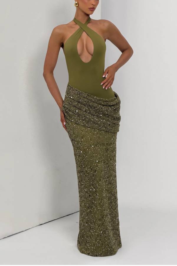 Solea Stretch Jersey Ruched Sequin Embellished Hem Adjustable Halter Maxi Dress