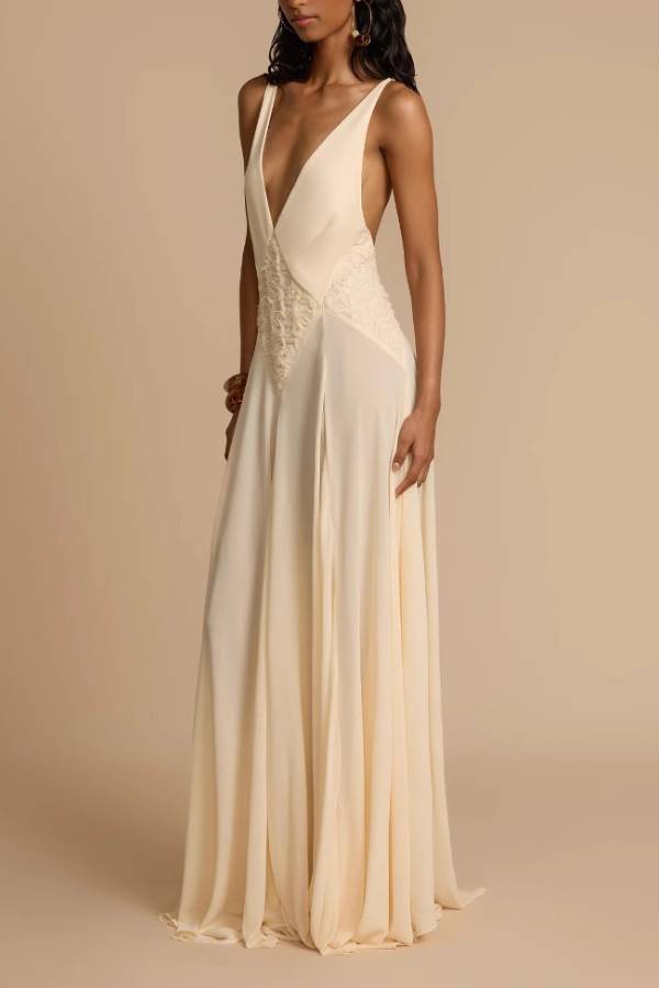 Deep V Cross Back Lace Spliced Chiffon Maxi Dress, Bohemian Wedding Dress