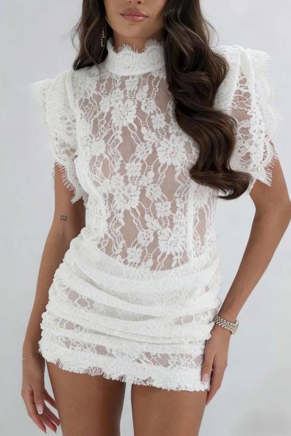 High Neck Flutter Sleeve Lace Ruched Bodycon Mini Dress