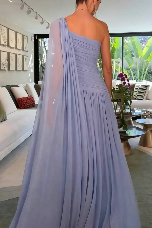 End of Light Chiffon One Shoulder Single-sleeve Shawl Ruched Maxi Dress