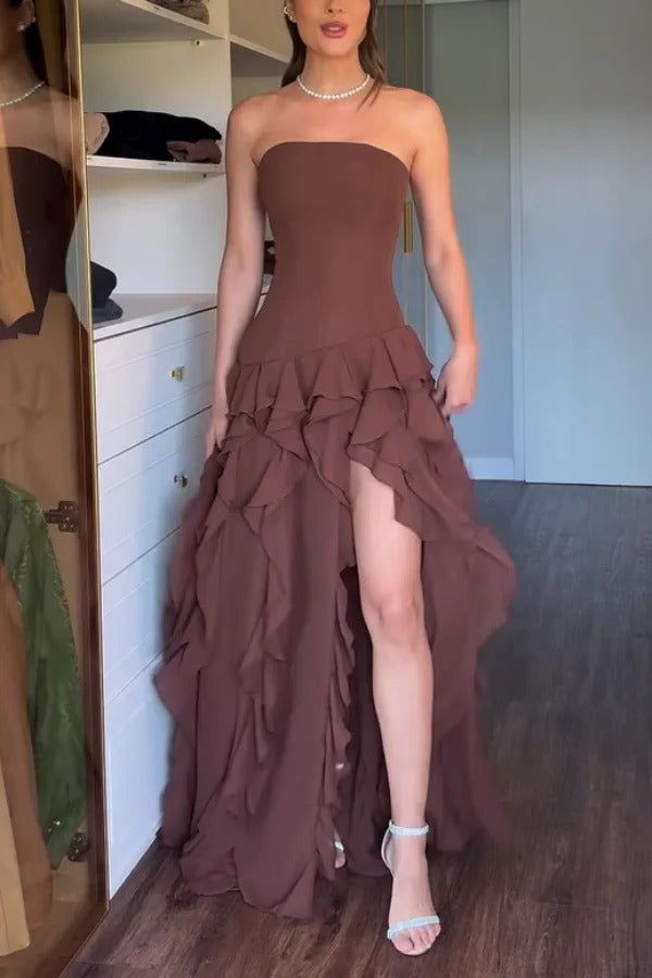 Elegant Sleeveless Off-shoulder Fitted Ruffled High Slit Maxi Dress