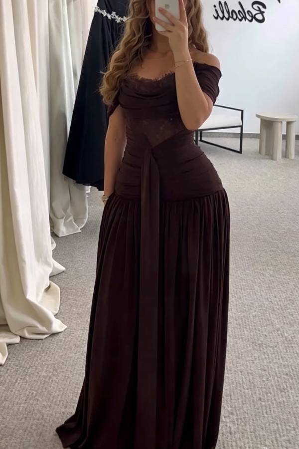 Maguire Chiffon Ruched Floral Lace Patchwork Off Shoulder Drape Gown Maxi Dress