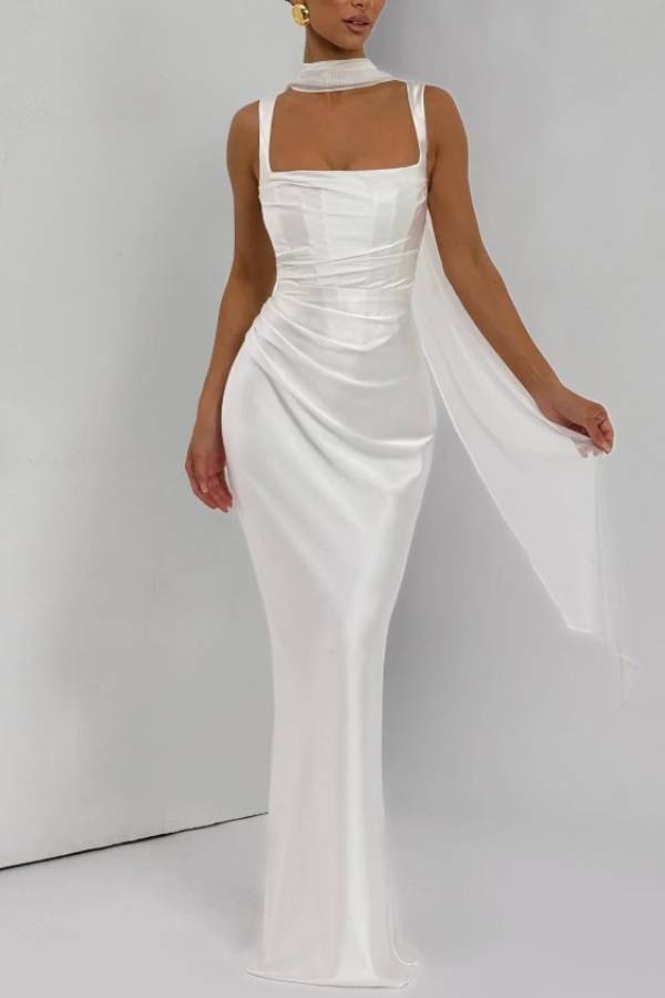 Satin Strap Mermaid Evening Gown with Lace‑Up Back