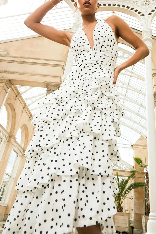 Violet Polka Dot Print Layered Ruffles Halter Tie-up Midi Dress