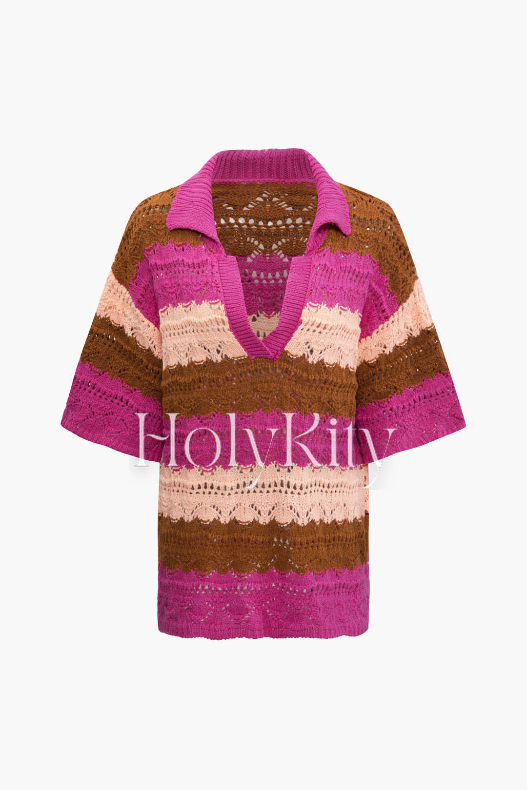 Mehrfarbig gestreiftes Stricktop mit V-Ausschnitt