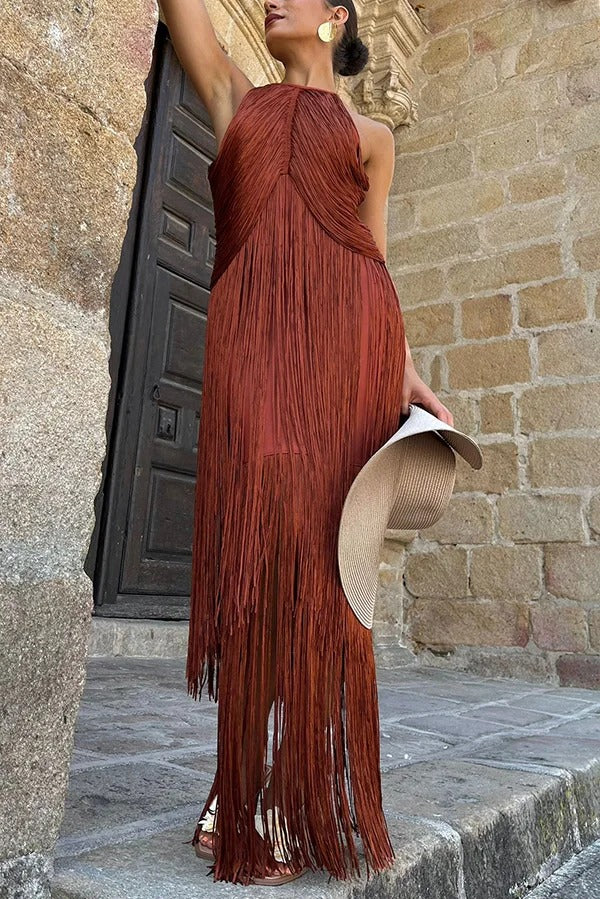 Fashion Sleeveless Halter Neck Elegant Tassel Slim Maxi Dress