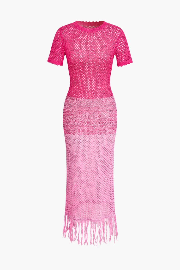 Fringed Hem Hollow Out Cover Up Knit Dress