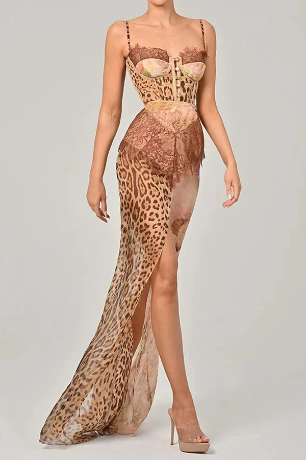 Chiffon Leopard Print Sexy Lace Splicing High Slit Slim Maxi Dress