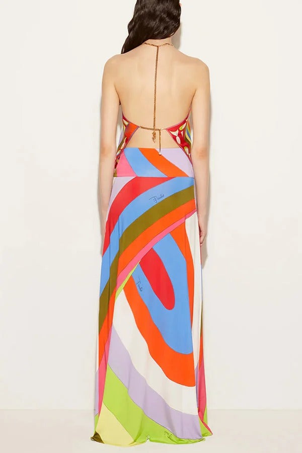 Artistic Girl Satin Unique Print Metal Chain Halter Draped Scarf Tank