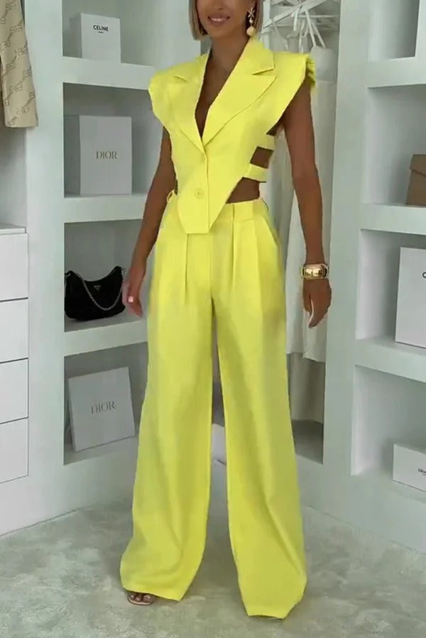 Fashion Style Lapel Waist-baring Irregular Vest and Elastic Waist Pocket Loose Pants Set