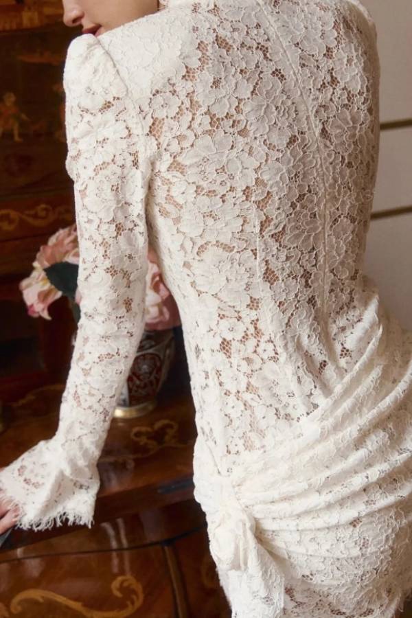 High Neck Long Sleeve Floral Lace Ruched Bodycon Cocktail Mini Dress