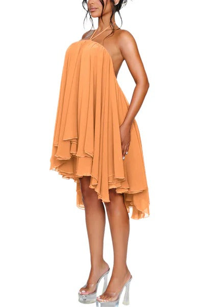 Oastal Escape Fluid Chiffon Halter High Low Layered Hem A-line Mini Dress