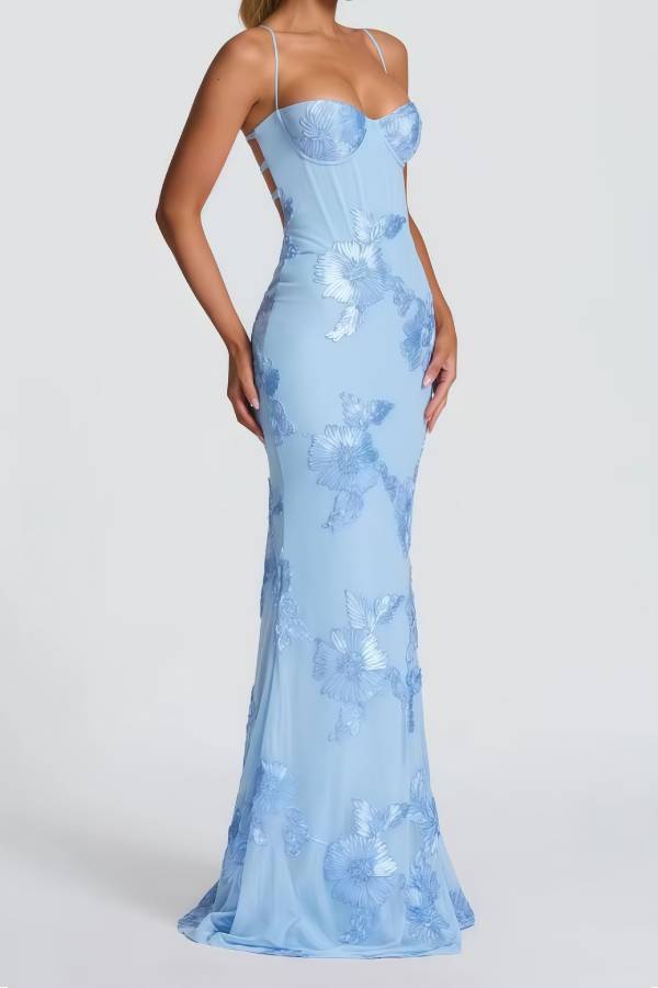 3D Floral Embroidered Lace-Up Backless Mermaid Evening Gown