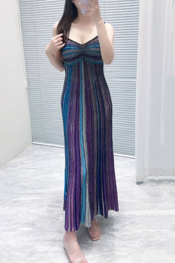Iridescent Striped Knit Spaghetti Strap Maxi Dress