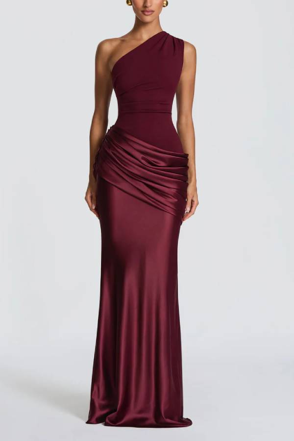 One Shoulder Ruched Satin Mermaid Maxi Gown