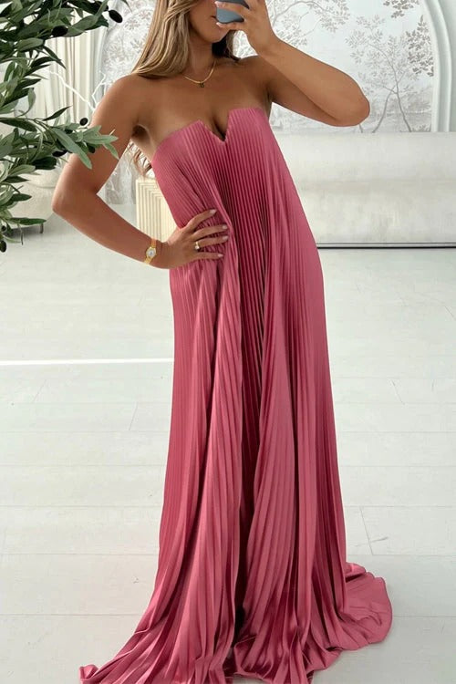 Strapless V Neck Pleated Swing Maxi Party Dress