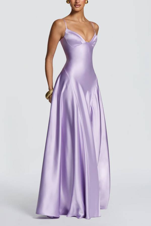 Asterin Satin V-neck Back Lace-up Slip Flare Maxi Dress