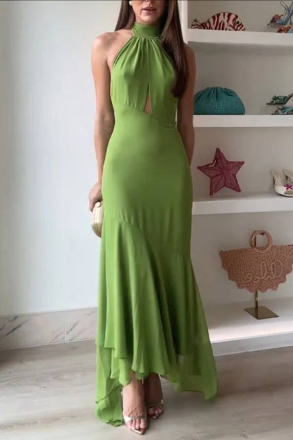 Halter Neck Open-Back Cutout Ruffle Hem Maxi Dress