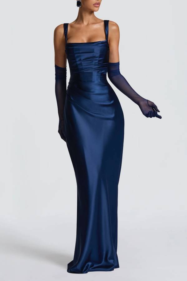 Square Neck Wide Strap Satin Ruched Mermaid Long Evening Dress