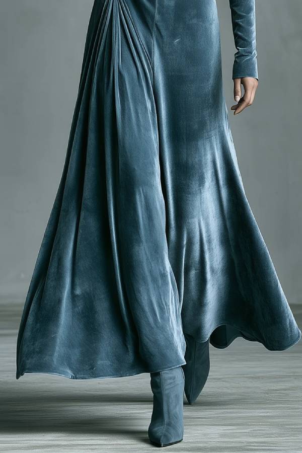 Dusty Blue Velvet Chest Cutout Twist High Neck Maxi Dress