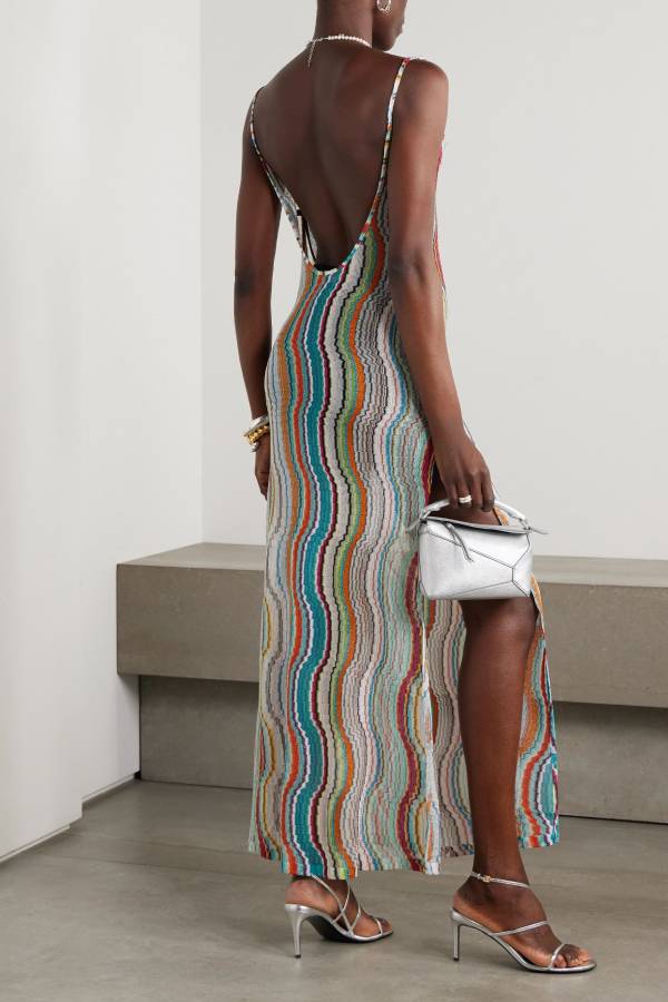 Clarissa Knit Colorful Wave Print Cowl Neck Open Back Slit Maxi Dress