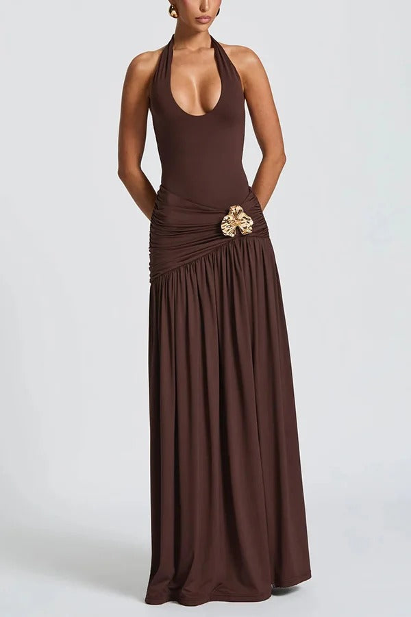 Solid Color Halter Neck Backless Slim Fit Pleated Slit Maxi Dress