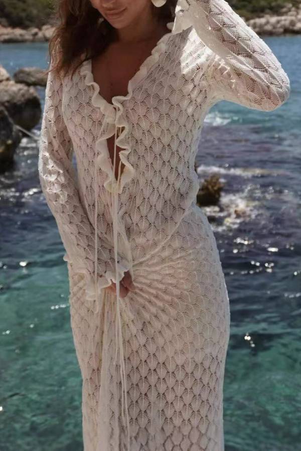 White Crochet Hollow Ruffle Tie Long Sleeve Beach Cover Up Maxi Dress