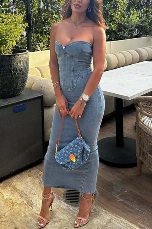 Cutie Denim Rosette Detail Corset Off Shoulder Stretch Maxi Dress
