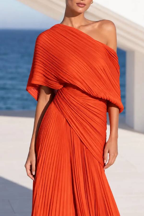 Grecian Gown Pleated One Shoulder Twist Waist Drape Maxi Dress