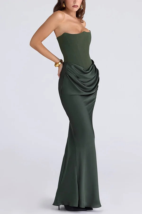 Attend The Gala Strapless Corset Satin Ruched Hip Drape Maxi Dress