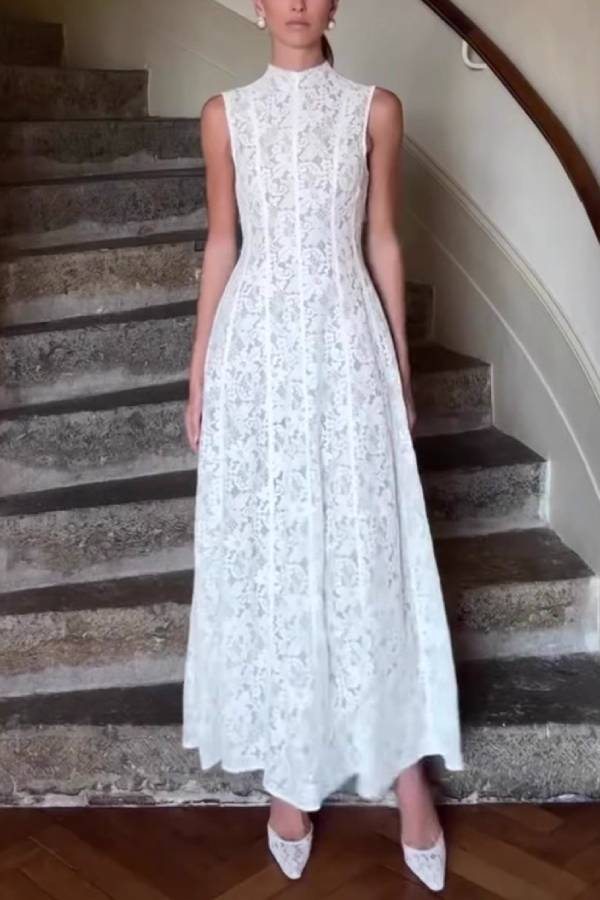 White Stand Collar Sleeveless Heavy Lace Waist-Flared Maxi Dress