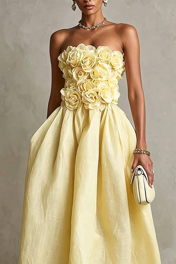 Seraphina 3D Rosette Strapless Midi Dress