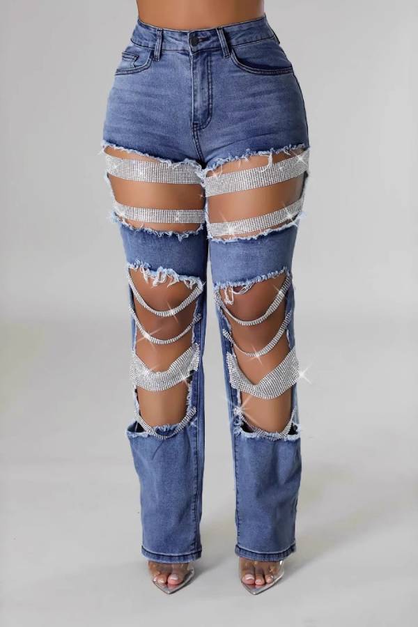 Rhinestone/Pearl Fringe High-Waisted Straight-Leg Jeans