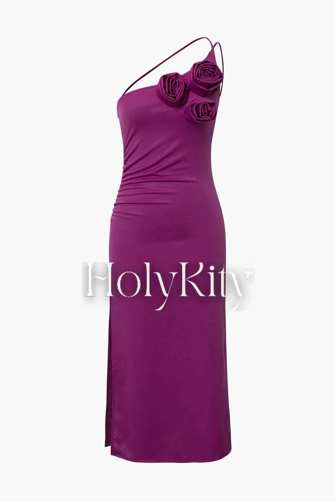 Asymmetrisches Midikleid mit Schlitz und 3D-Rose