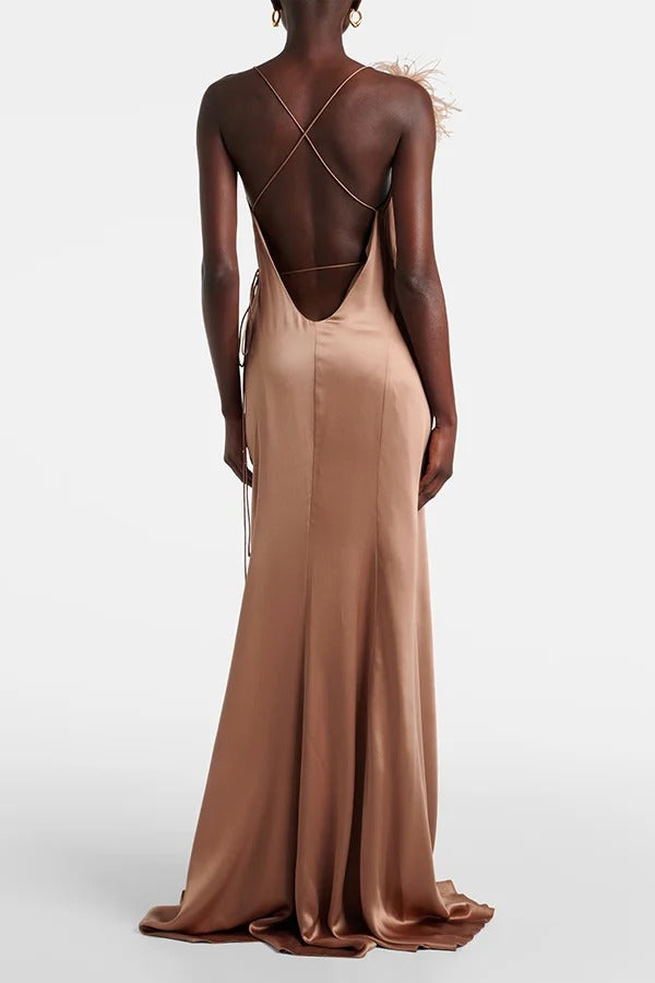 Celebration Night Satin Feather Trim Wrap Tie-up Slit Gown Maxi Dress