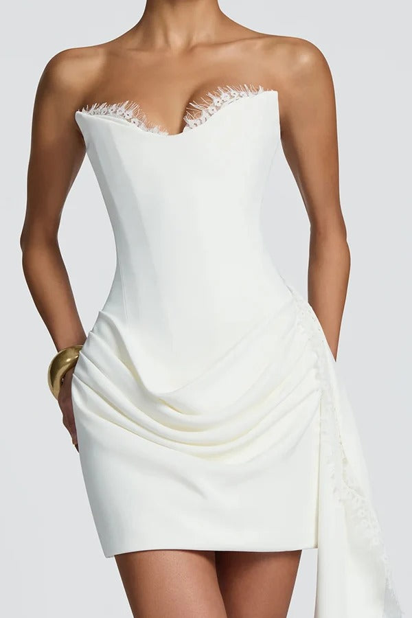 Avelina Lace Trim Sweetheart Neck Strapless Back Lace-up Drape Hem Mini Dress