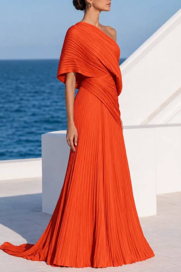 Grecian Gown Pleated One Shoulder Twist Waist Drape Maxi Dress