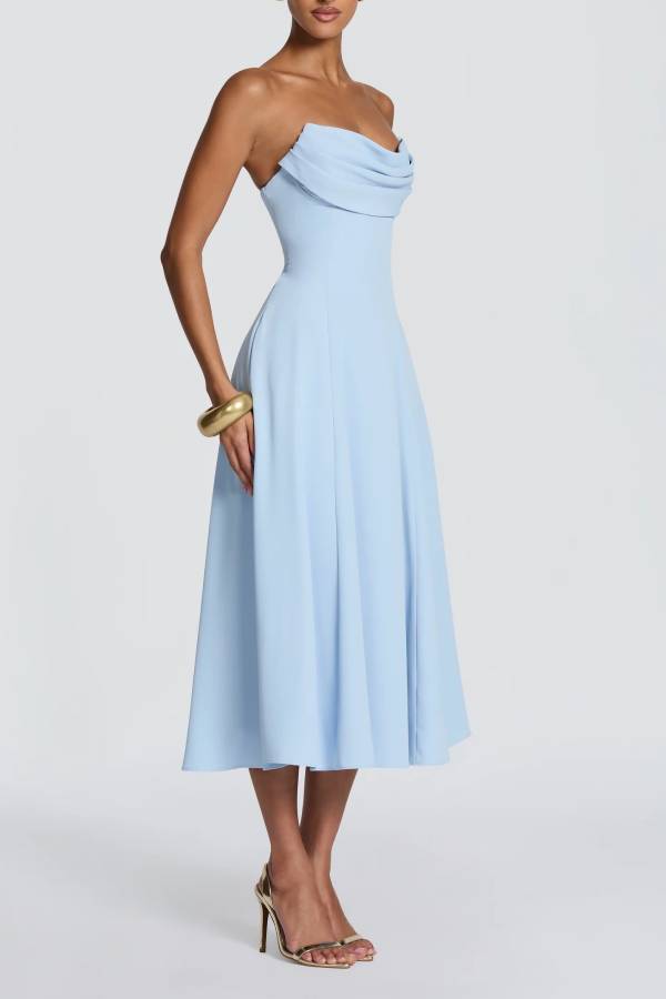 Marlowe Pleated Cowl Neck Strapless Back Lace-up Midi Dress