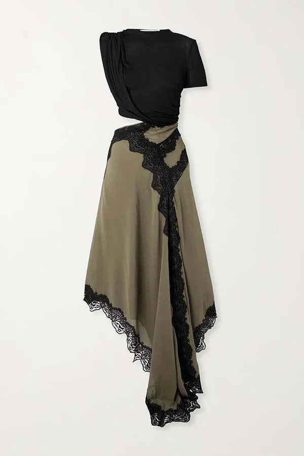 Verve Ribbed Jersey Cutout Waist Asymmetric Satin Lace Hem Maxi Dress