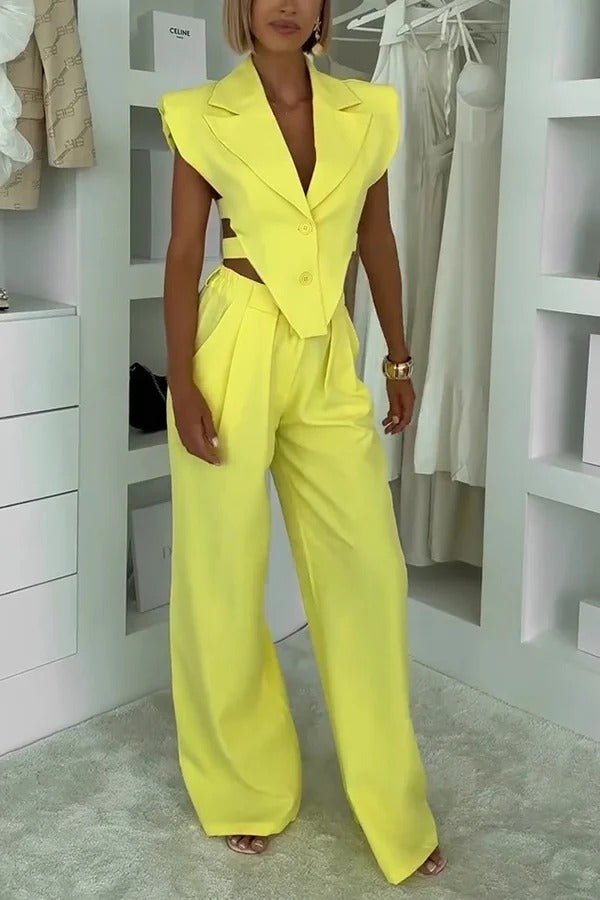 Fashion Style Lapel Waist-baring Irregular Vest and Elastic Waist Pocket Loose Pants Set
